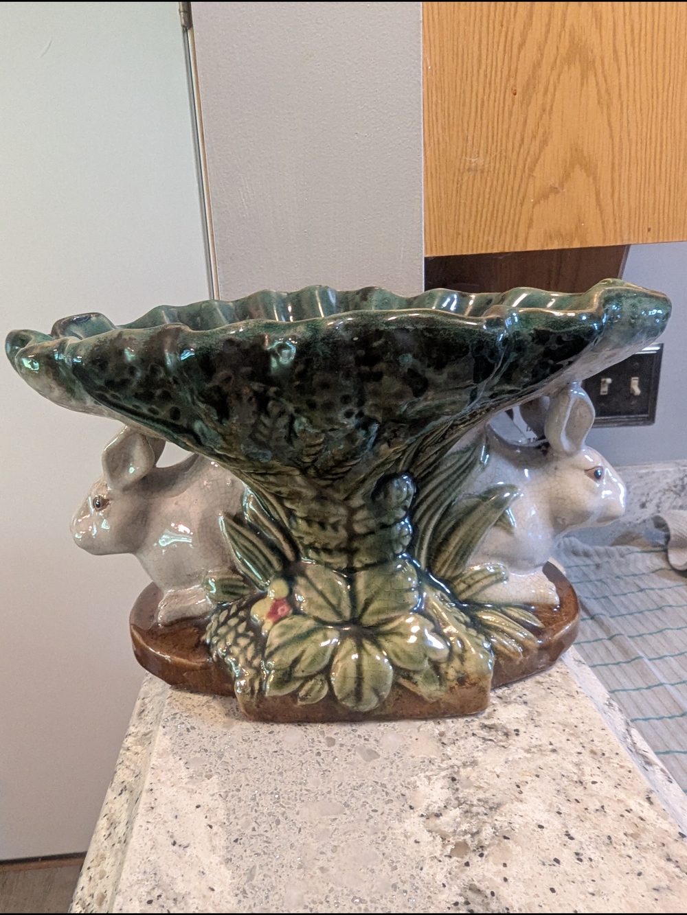Vintage Majolica Style Rabbit Pedestal Bowl Compote Centerpiece